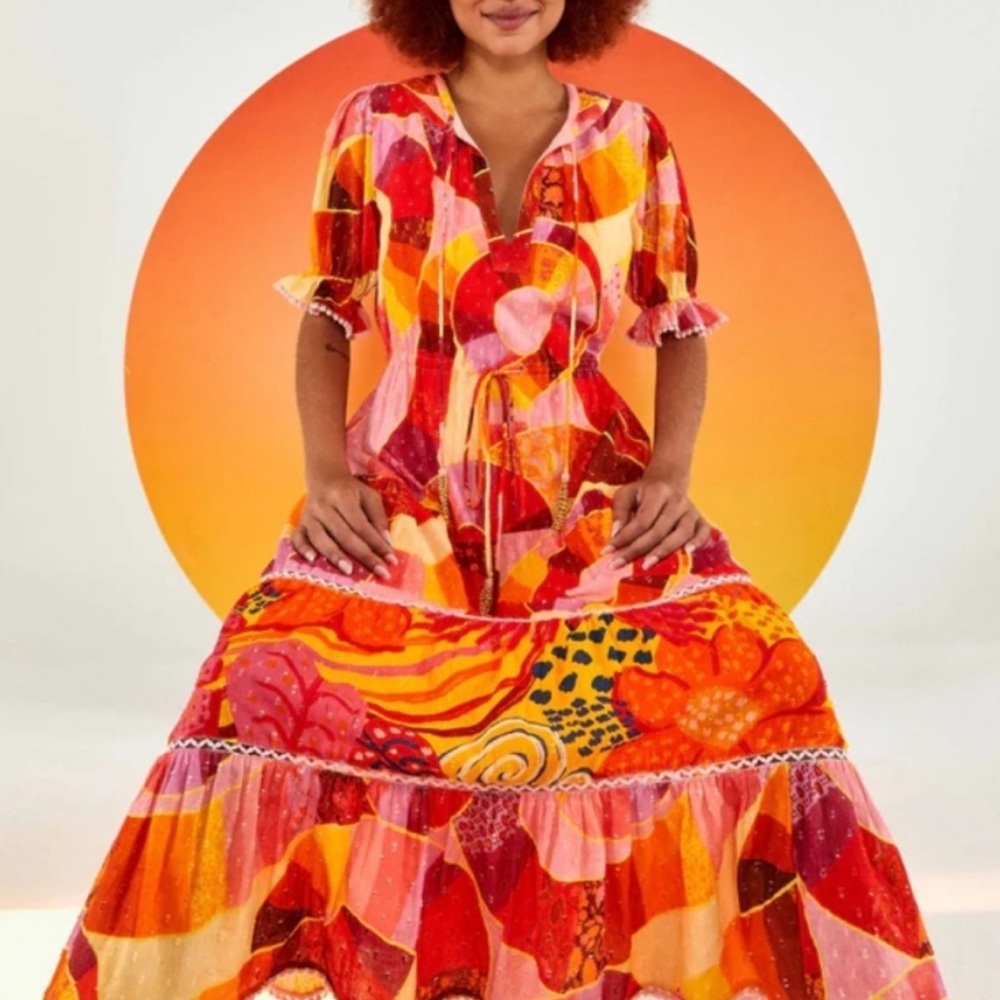 Farm Rio Pink Colorful Leaves Midi Dress